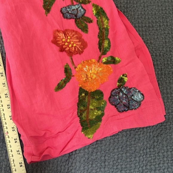 Boston Proper Floral Embellished Linen Pant Pink Multi Colored Sequins Size 12 - Picture 11 of 11